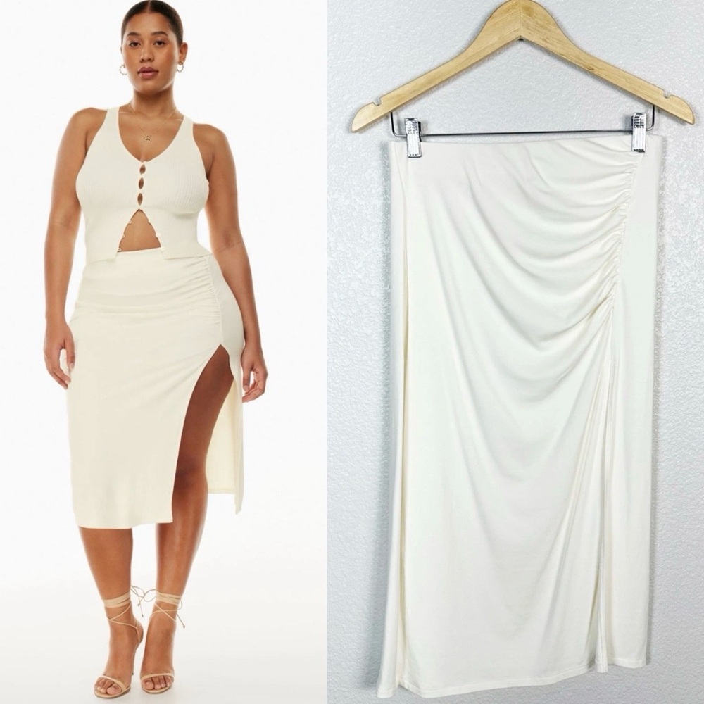 Wilfred by Aritzia Womens Vespa Side Slit Ruched Midi Skirt in Cream Medium